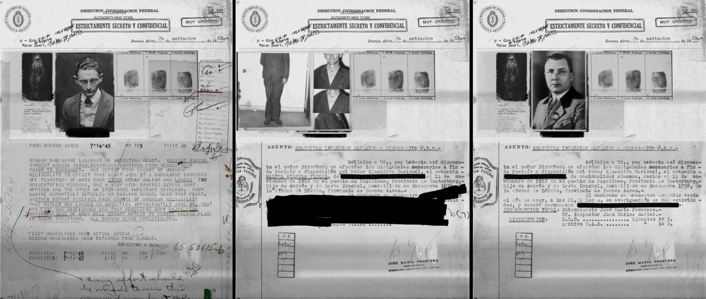 Black and white scan of a classified document from the Argentine Federal Government, marked "Strictly Confidential." It includes passport-style photos of individuals, with handwritten notes, stamps, and signatures. The text references military and di