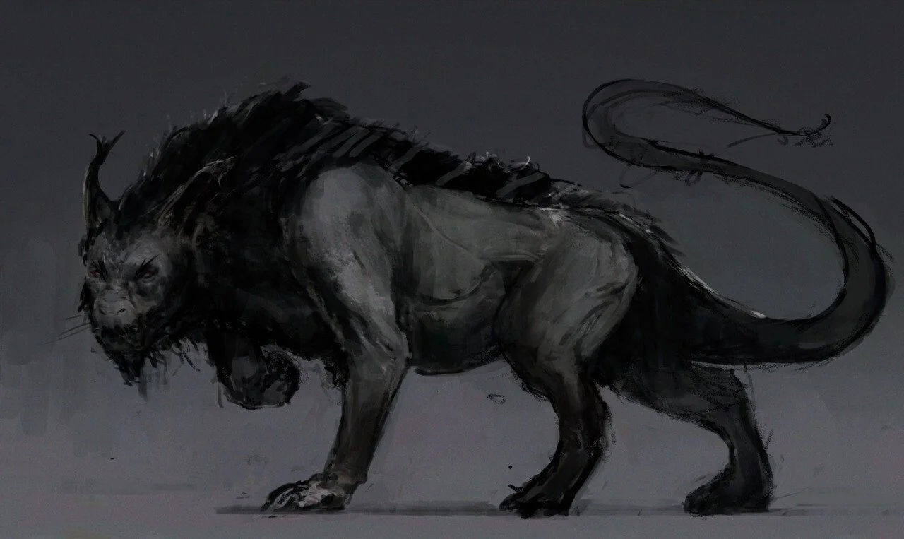 A dark, fantasy creature with a lion-like face, a large furry body, and a long, curved tail.