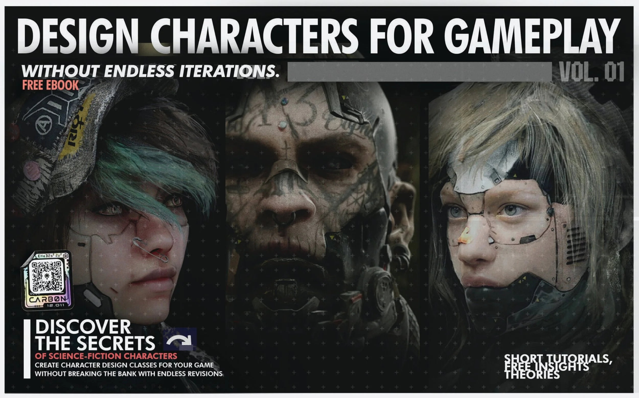 an ebook cover, professionally done, for miguel nogueira's character concept art guide focusing on gameplay. It shows three cyberpunk characters of different moods, as closeup portrait and reads with "design characters for gameplay" in the headline