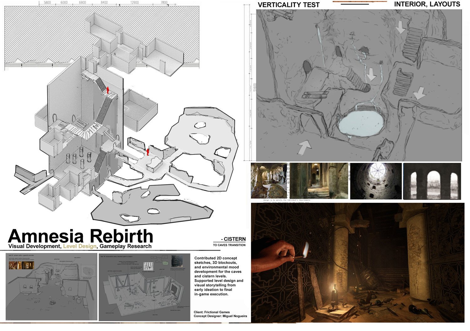 Design board showing the development of a game called "Amnesia Rebirth" by Frictional Games. It includes 3D level sketches, environmental mood development, and interior layouts of caves and cistern levels, with visual storytelling from early concept 
