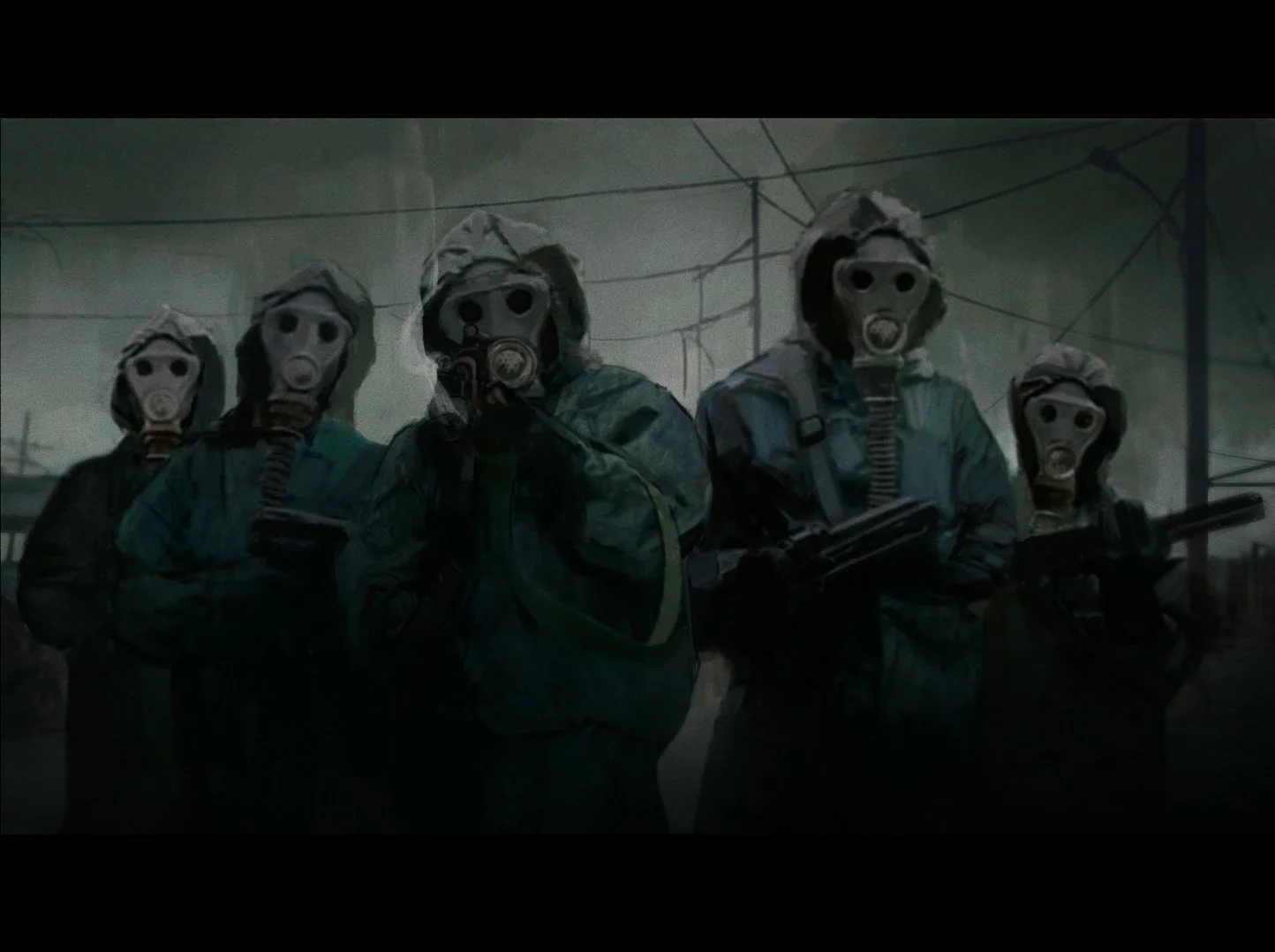 A group of people in hazmat suits and gas masks walking in a line outdoors, with power lines in the background.