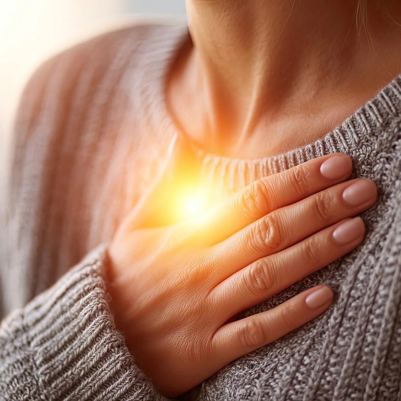 Person wearing a gray sweater clutching their chest with sunlight glow near the heart area.