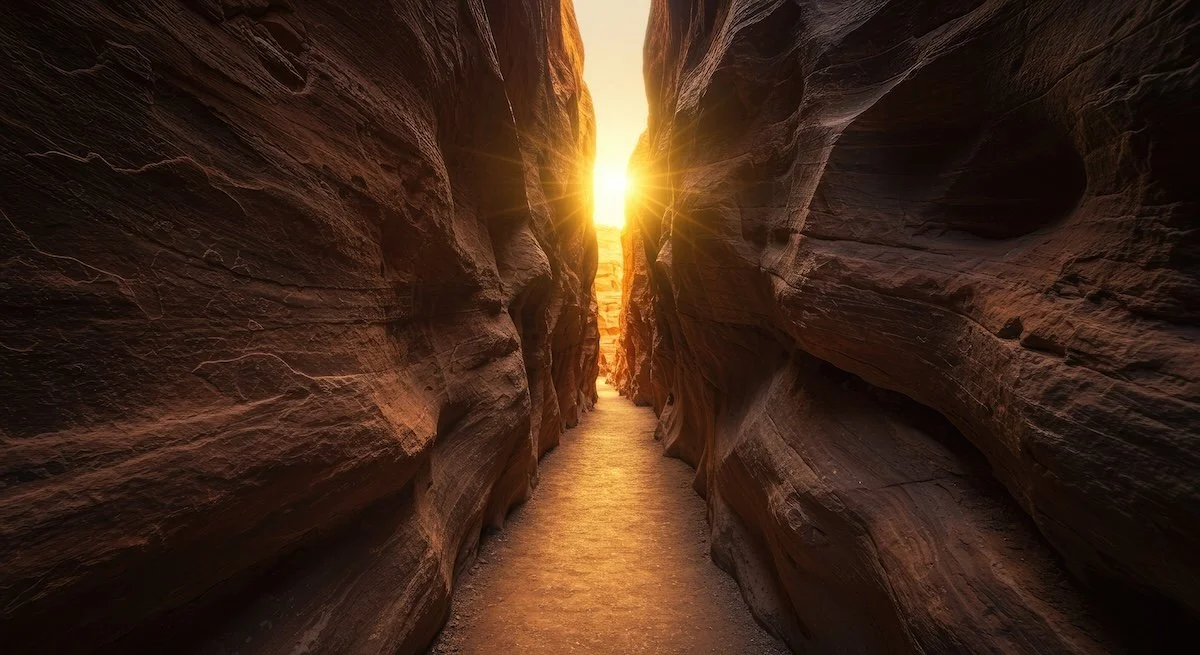 A narrow canyon with reddish rock walls and a dirt path through the middle, illuminated by the setting sun at the end of the canyon.
