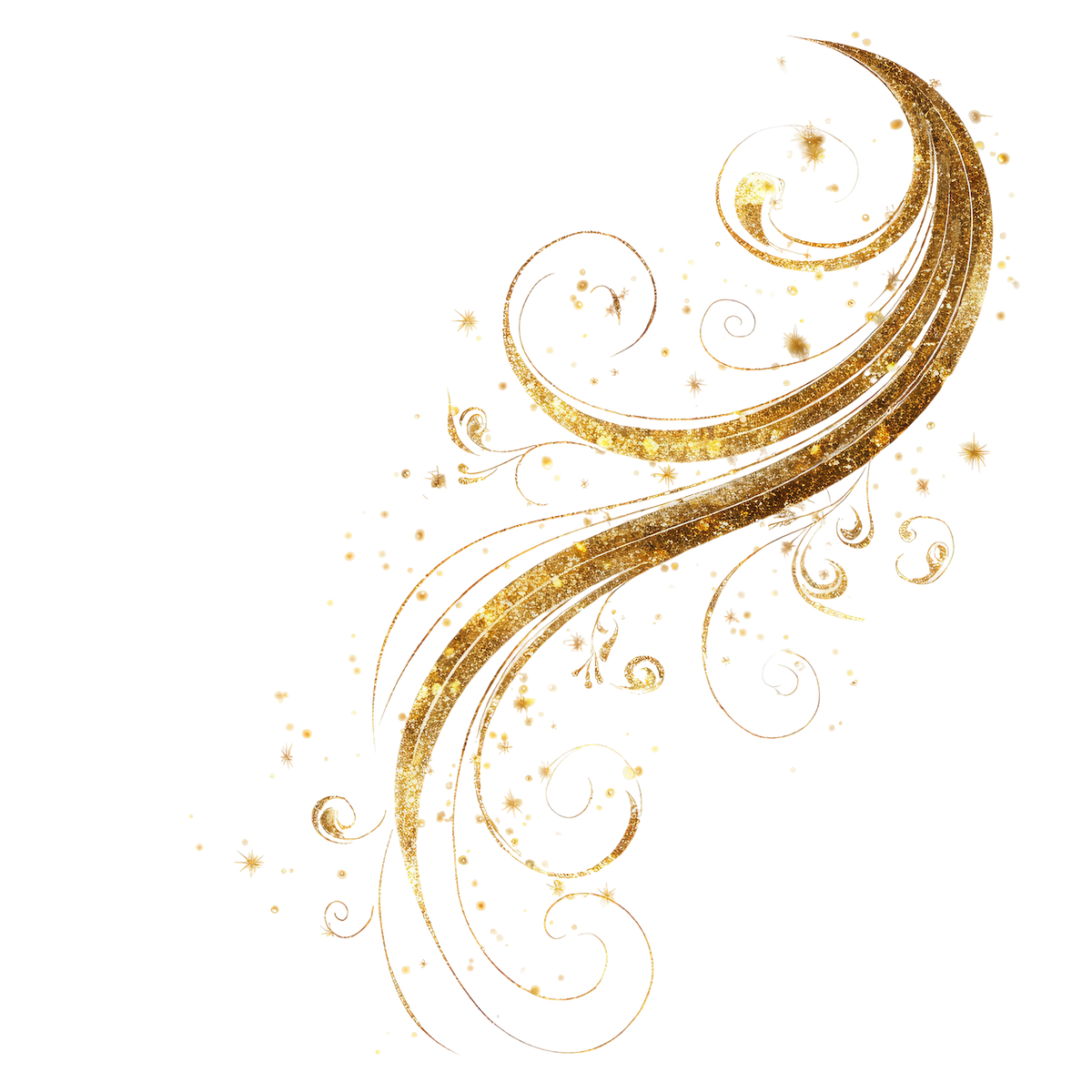Golden glittery crescent moon with swirling ornate design on a black background.