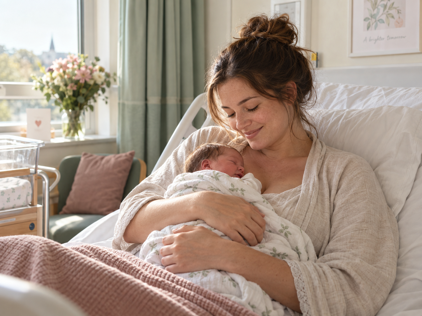 New mother holding her sleeping newborn in a hospital postnatal ward.