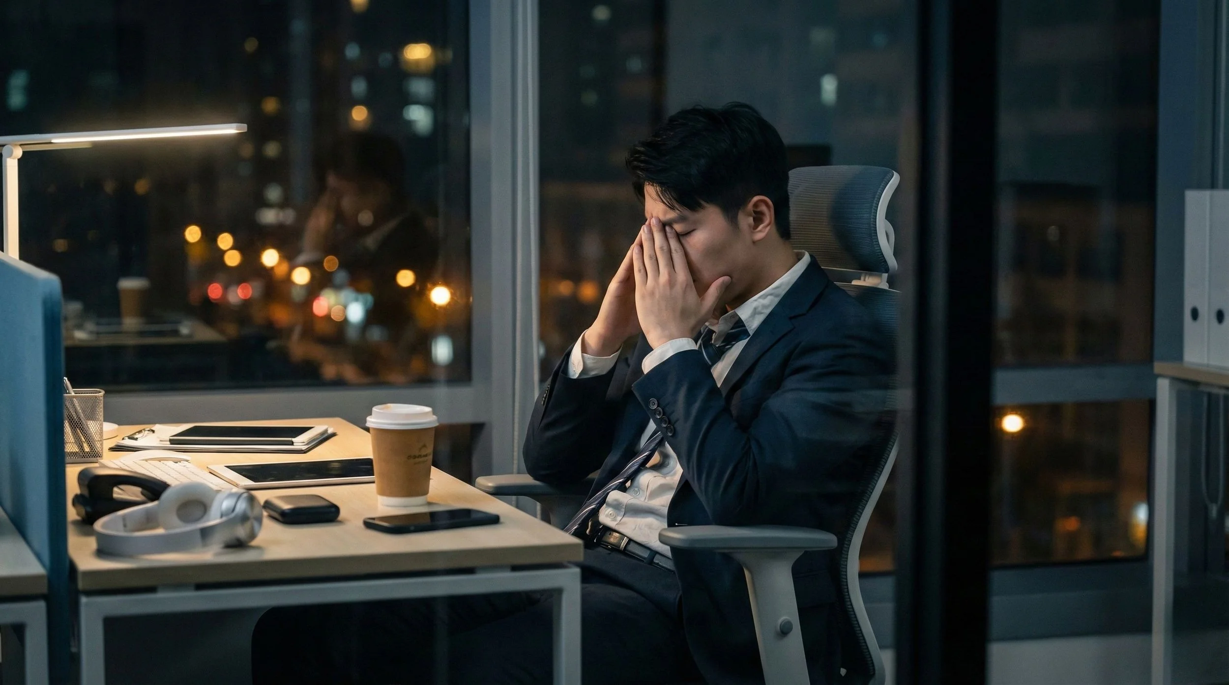 A person sitting at their desk looking tired.
