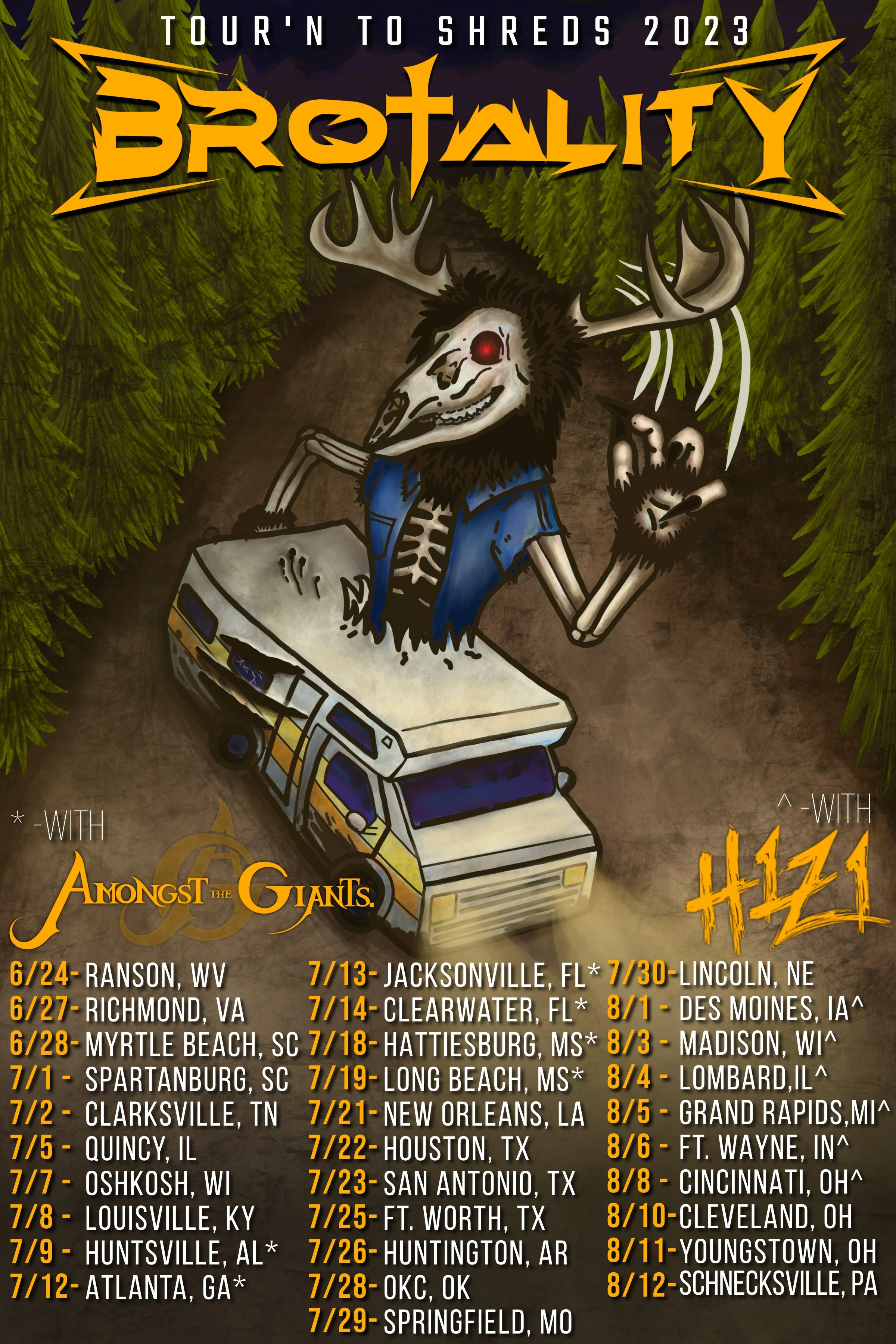 A poster for Brotality 2023 Tour'n to Shreds, featuring a cartoonish creature with a deer's antlers, a skull face, red glowing eyes, and a beak, wearing a blue vest. The creature is standing in front of a police vehicle with trees in the background.