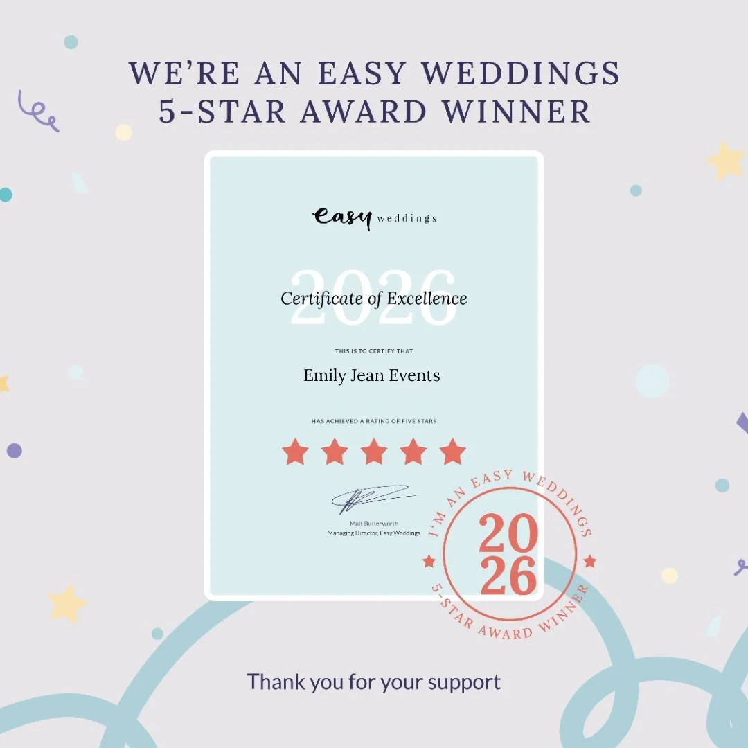 Emily Jean Events has officially been recognised as an Easy Weddings 5-Star Award Winner! 🏆⭐

This award means so much because it's based on the experiences of the incredible couples we've had the privilege of working with. Every review, every kind 