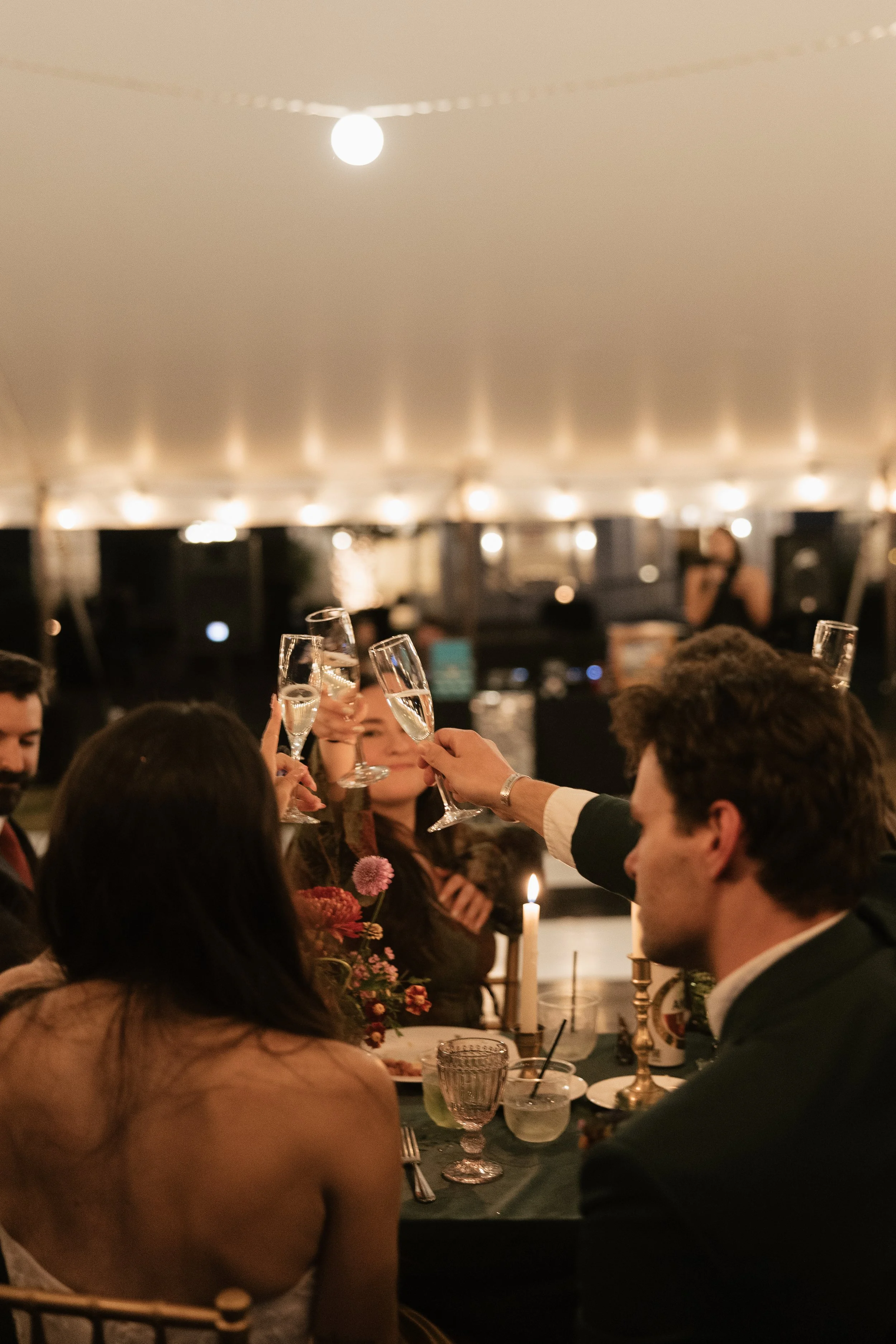People celebrating with champagne at a formal dinner party, raising glasses in a toast, in a decorated indoor setting.