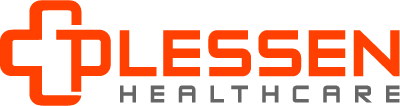 Lessen Healthcare logo, featuring an orange cross with a plus sign and the company name in bold orange and gray text.
