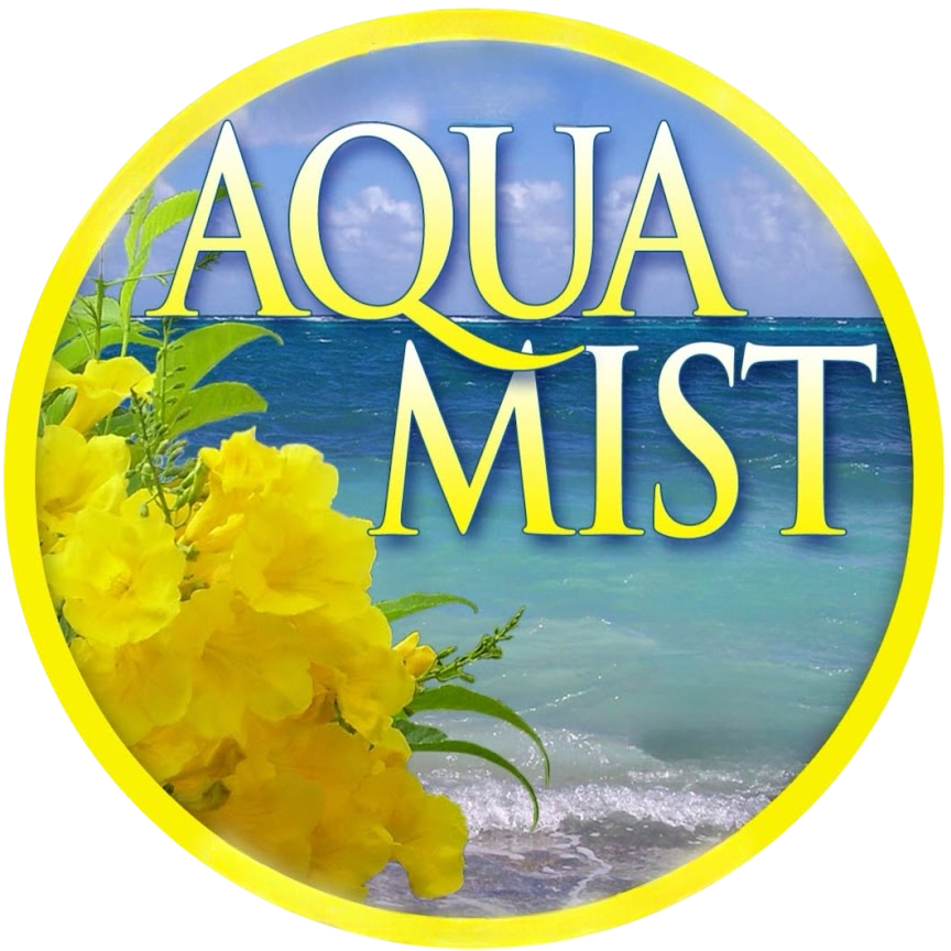 A circular logo with a beach scene in the background, yellow flowers on the left, and the words 'AQUA MIST' in large yellow and white text.