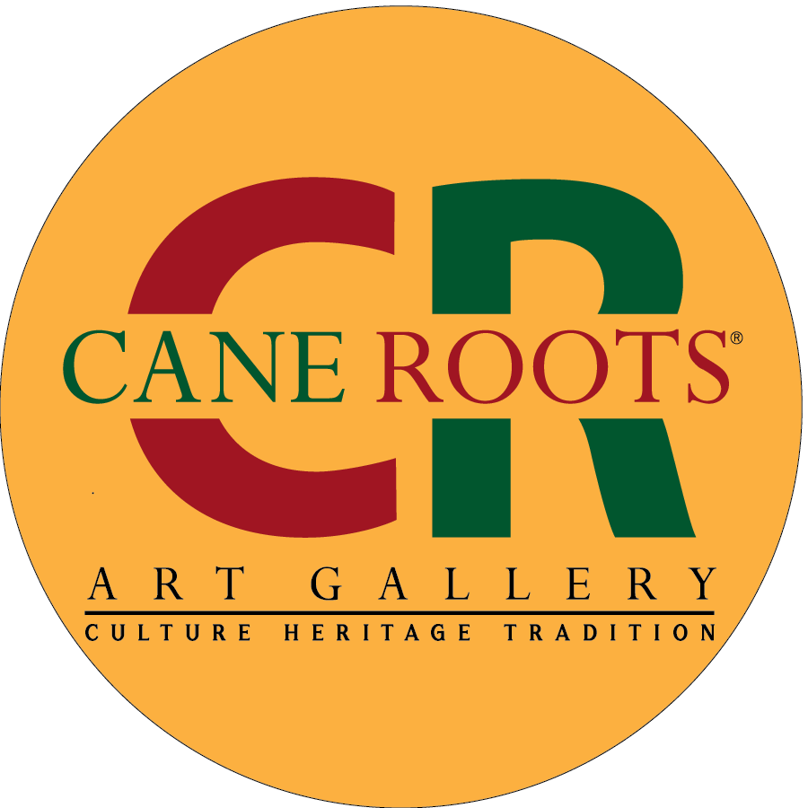 Logo for Cane Roots Art Gallery with the words 'Cane Roots' in green and red letters, 'Art Gallery' in black, and a tagline 'Culture Heritage Tradition' on an orange circular background.