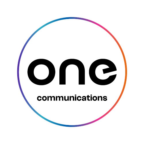 Logo for One Communications featuring the word 'one' in lowercase and the word 'communications' underneath, surrounded by a circular gradient border.
