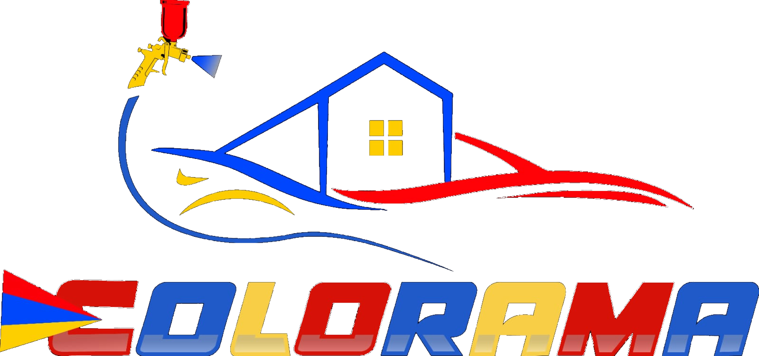 A colorful logo with a paint spray gun, a house outline, and stylized waves, with the word "EOLORAMA" in red, blue, and yellow letters.