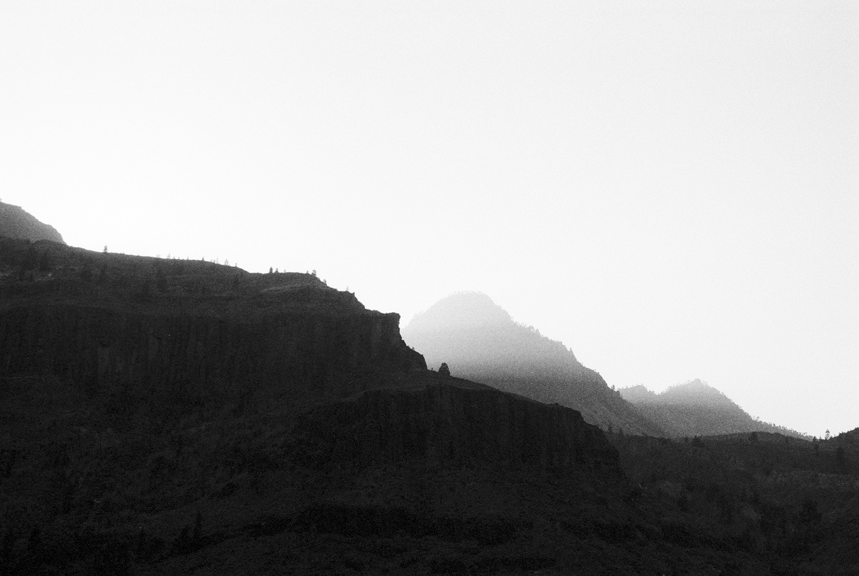 Black and white photo of mountains in mist or fog, with layered ridges and silhouette of trees on the peaks.