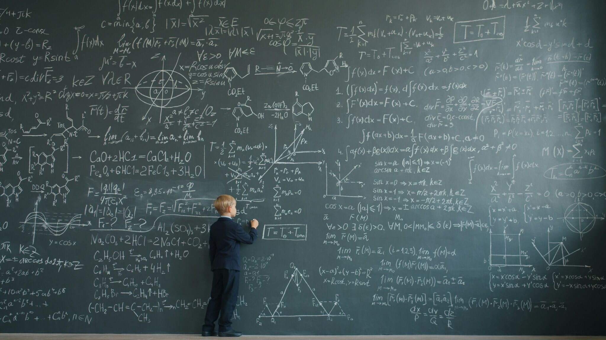 Blackboard filled with complex math equations, illustrating the uncertainty behind a precise FI number calculation.