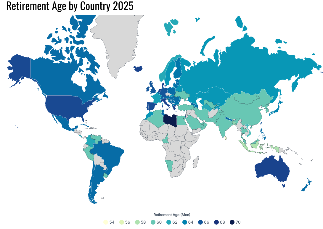 World map showing official retirement age by country in 2025.