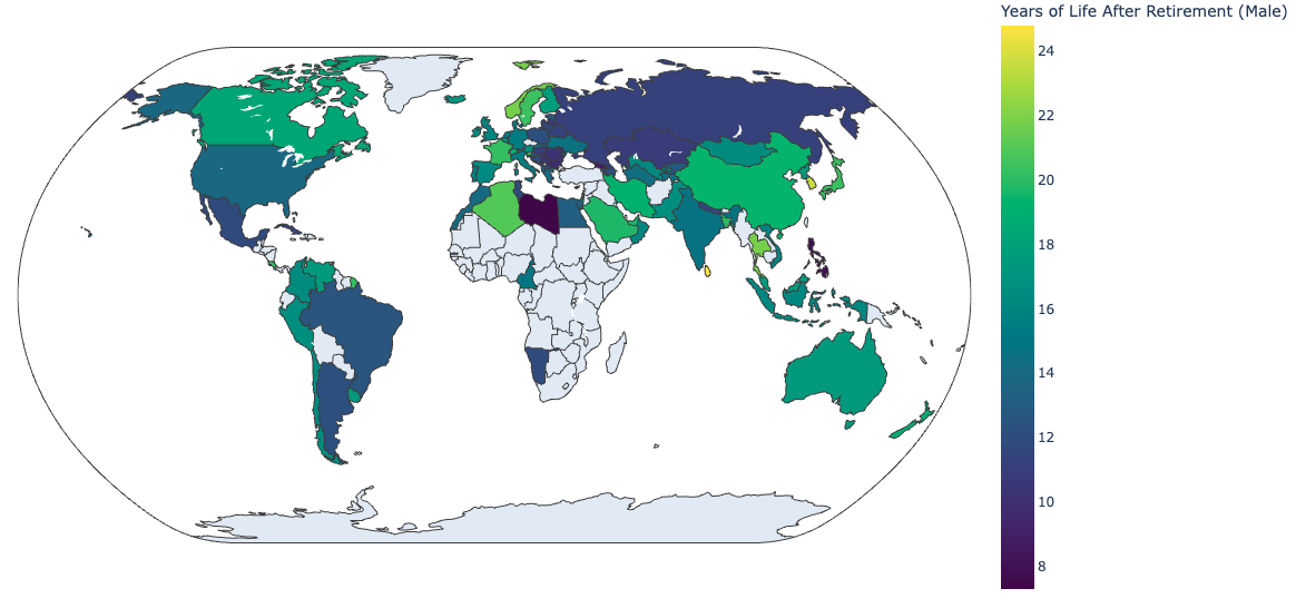 Map showing years of life remaining after official retirement age for men across countries in 2021, with significant variation between nations.