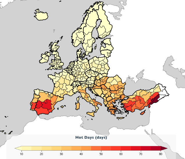 Map of Europe showing projected number of hot days above 30°C by 2050 under RCP 4.5 scenario, highlighting Mediterranean heat exposure.