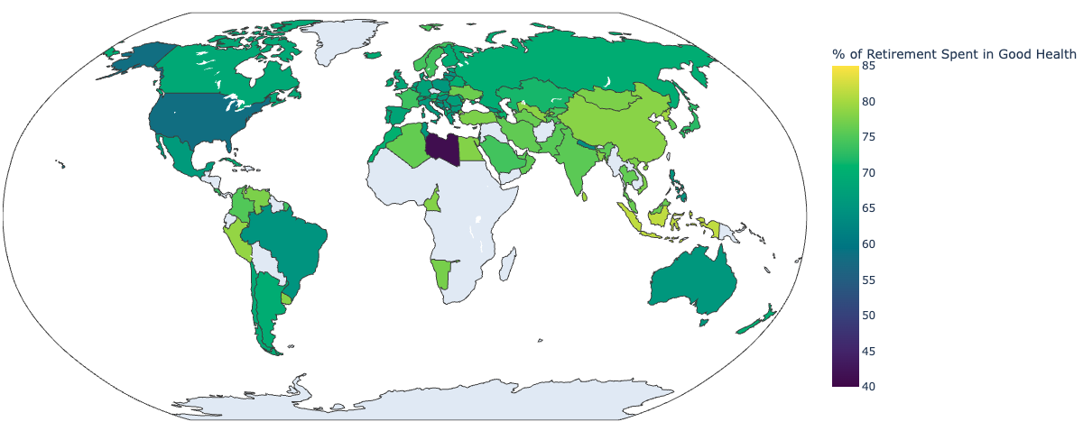 World map showing percentage of retirement years spent in good health.