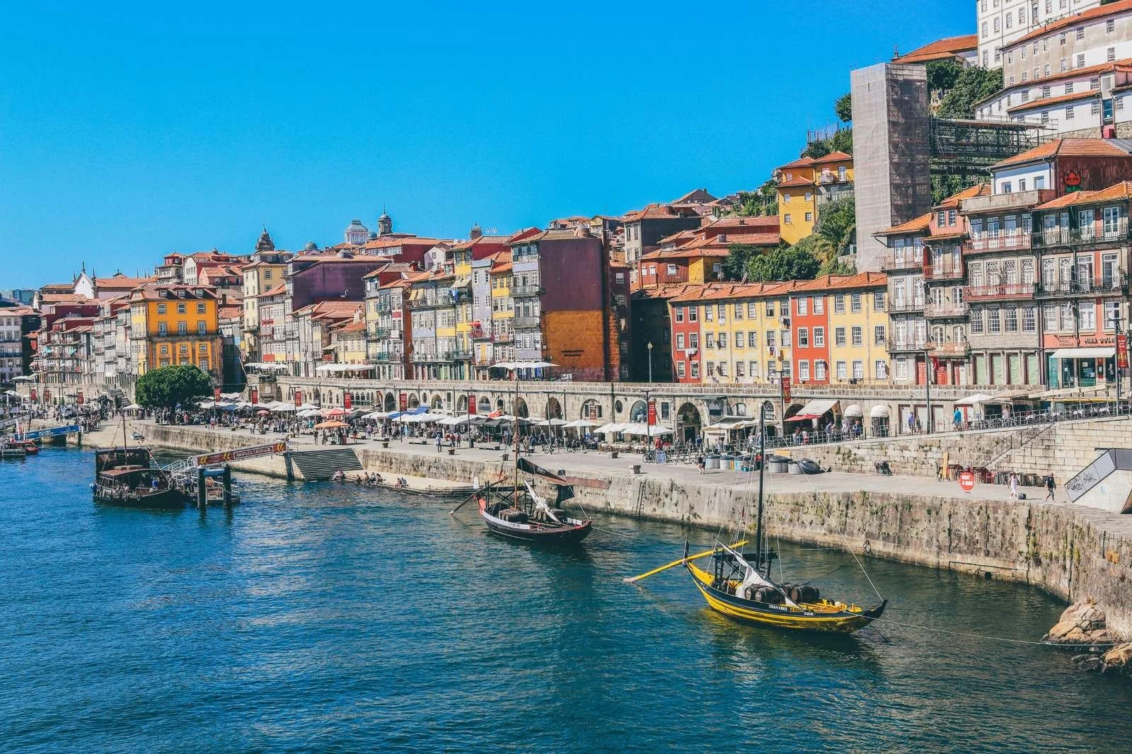 Colorful waterfront view of Porto, Portugal, with the Douro River and hillside buildings on a sunny day..