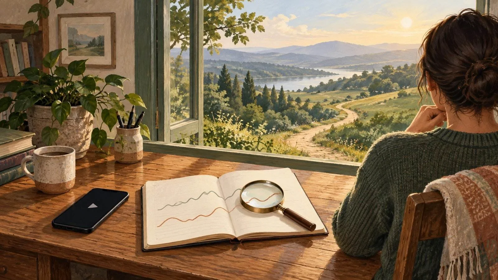 A person at a desk examines wavy chart lines in a notebook with a magnifying glass, a paused video on the phone beside them and a countryside view through the window.