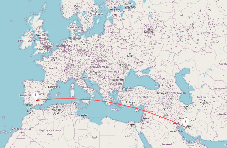 Climate analogue explorer visual linking Cordoba Spain to Kazerun Iran, illustrating how European climates may shift under current policy scenarios.