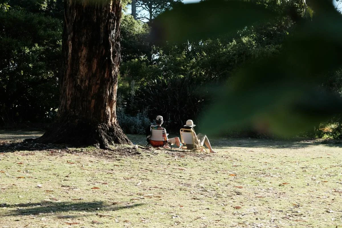 Couple sitting quietly outdoors in a park — financial independence removes chronic stress, one of the most damaging forces on long-term health.