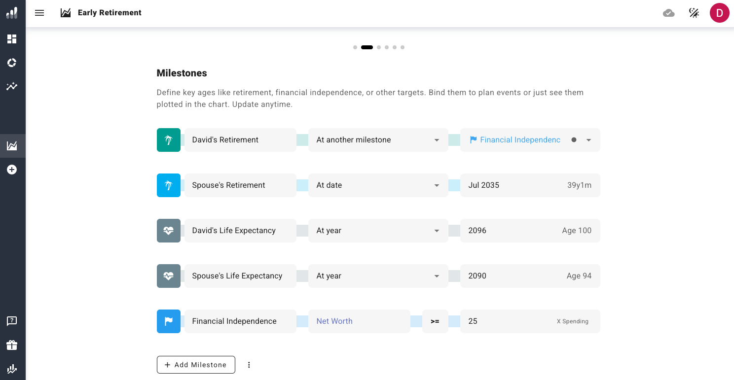 ProjectionLab milestone settings screen defining Financial Independence trigger, retirement age, and life expectancy.