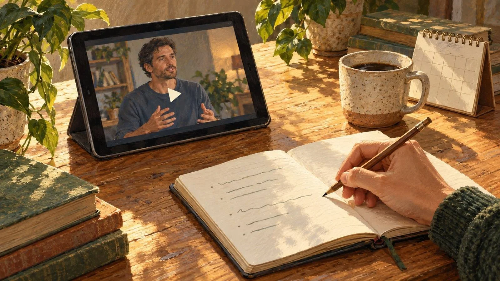 A person watches an investing YouTuber on a tablet while taking notes in a journal beside a cup of coffee.