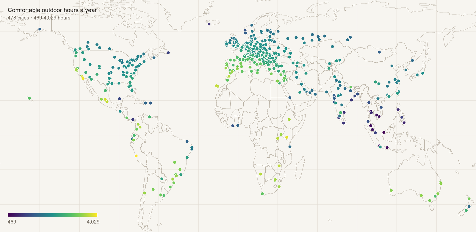 World map of 478 cities coloured by comfortable outdoor hours per year, from 469 (dark) to 4,029 (yellow), with tropical highlands and mild coasts scoring highest