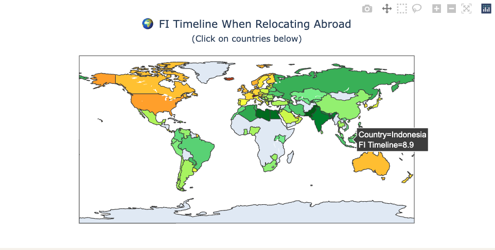 Interactive FI Calculator map showing retirement timeline by country, color-coded from best to worst.