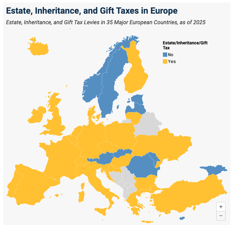 Map showing which European countries levy an estate, inheritance or gift tax (Tax Foundation, 2025).