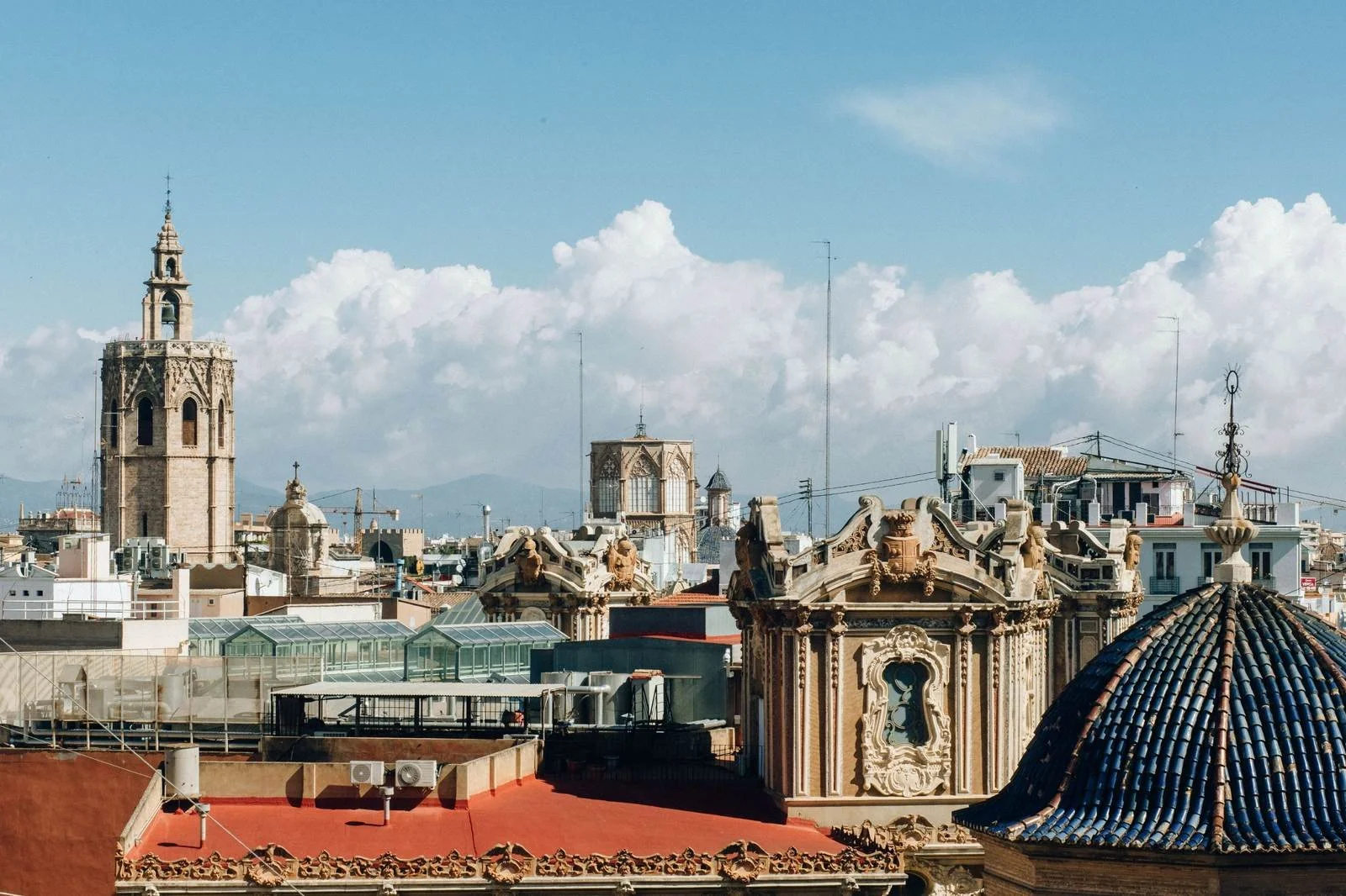 Baroque rooftops, domes and the Micalet bell tower in the old town of Valencia, Spain.