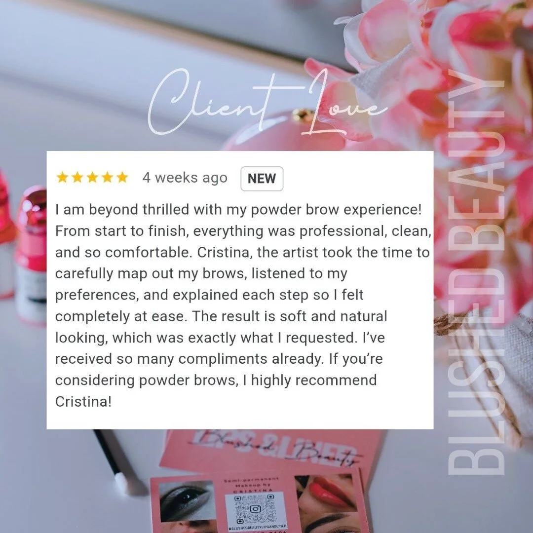 Client love like this never gets old 🤍

&ldquo;I am beyond thrilled with my powder brow experience&hellip;&rdquo;
Taking the time to carefully map, listen, and customize every set of brows is always my priority. My goal is for each client to feel co