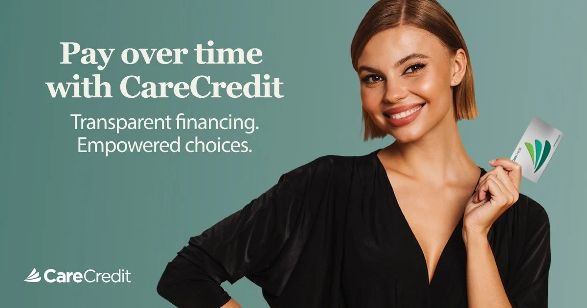 CareCredit financing advertisement featuring a smiling woman holding a CareCredit card with text about paying over time.