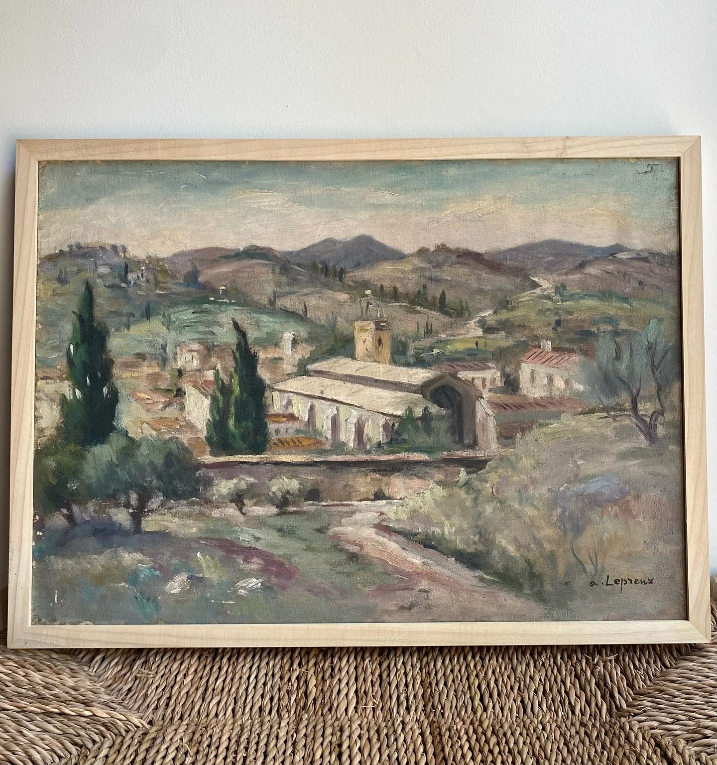 L&rsquo;&eacute;glise et les collines. Albert Lepreux ( 1868-1959). The church among the hills. #antiquepainting #french20thcenturypainting #french20thcenturyart #tableauxanciens