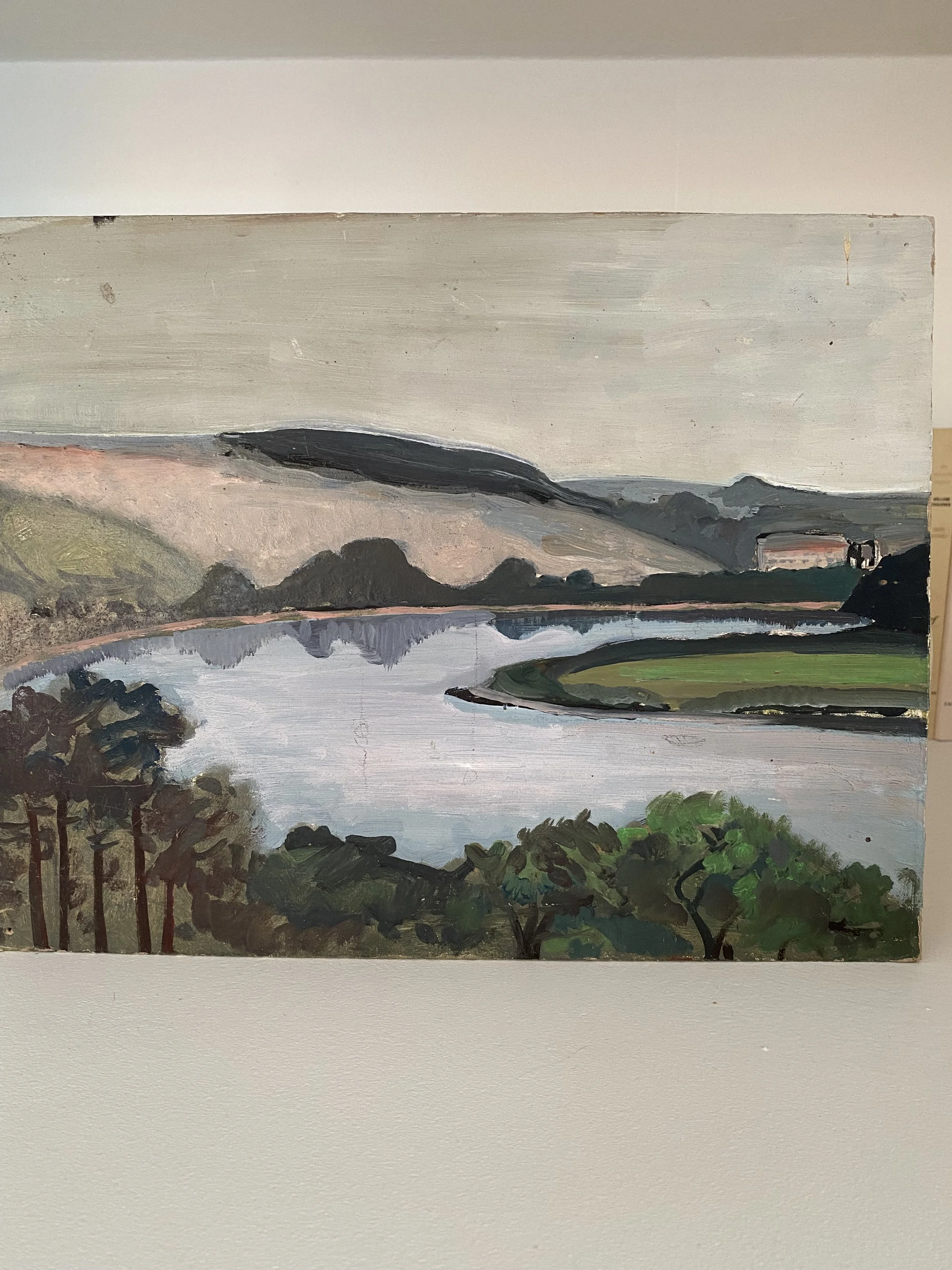 Paysage de rivière et collines, tableau ancien