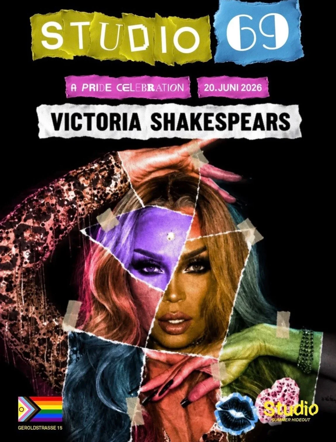 Poster for Studio 69 Pride celebration on June 20, 2026, featuring a collage of a woman with multicolored hair and makeup, and rainbow pride flag and LGBTQ+ symbols.