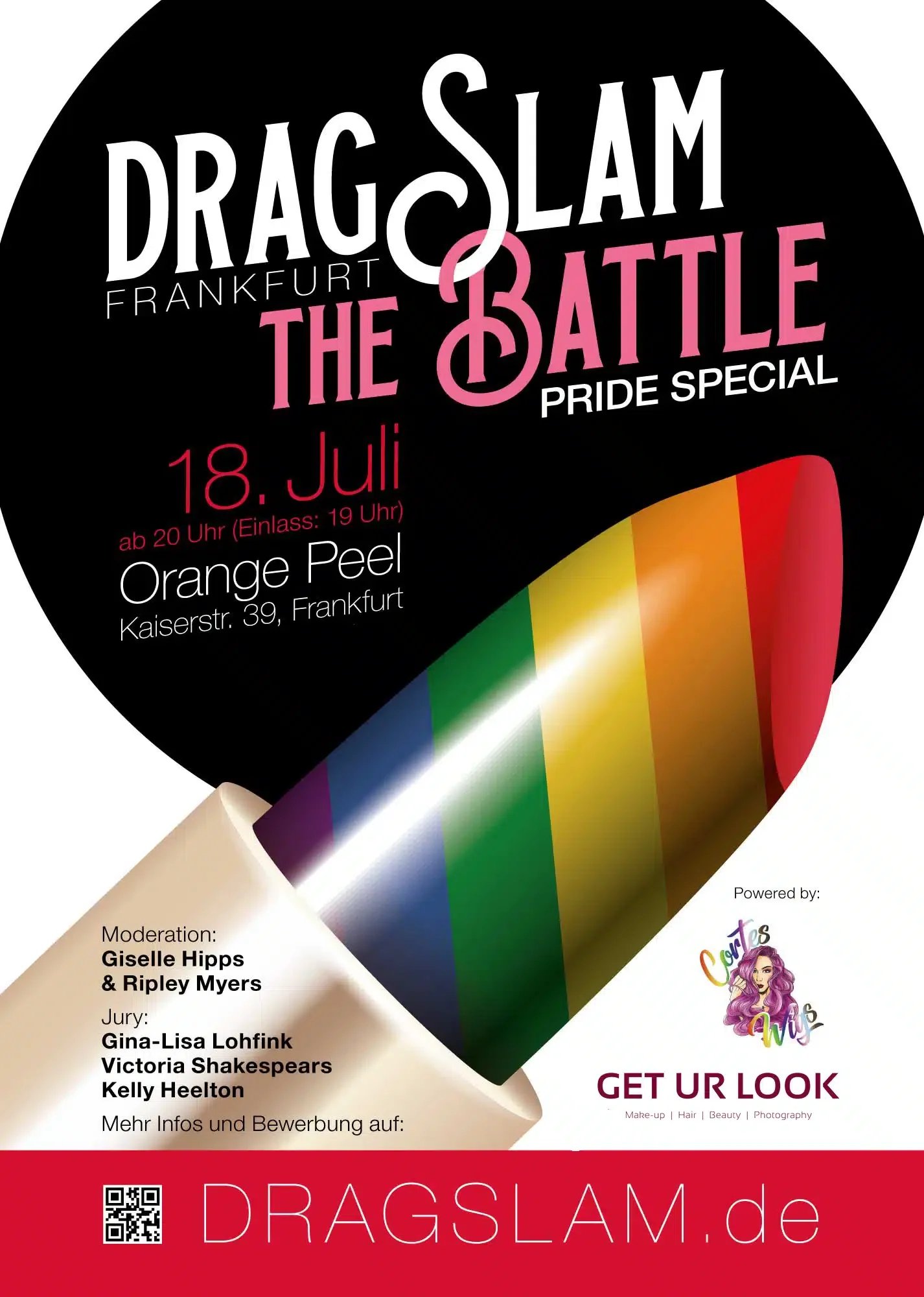 Event poster for Drag Slam in Frankfurt, Germany, featuring rainbow-colored lips, event date July 18, and venue Orange Peel. Includes details about moderators, jury members, and invites to get the look with makeup, hair, beauty, and photography.