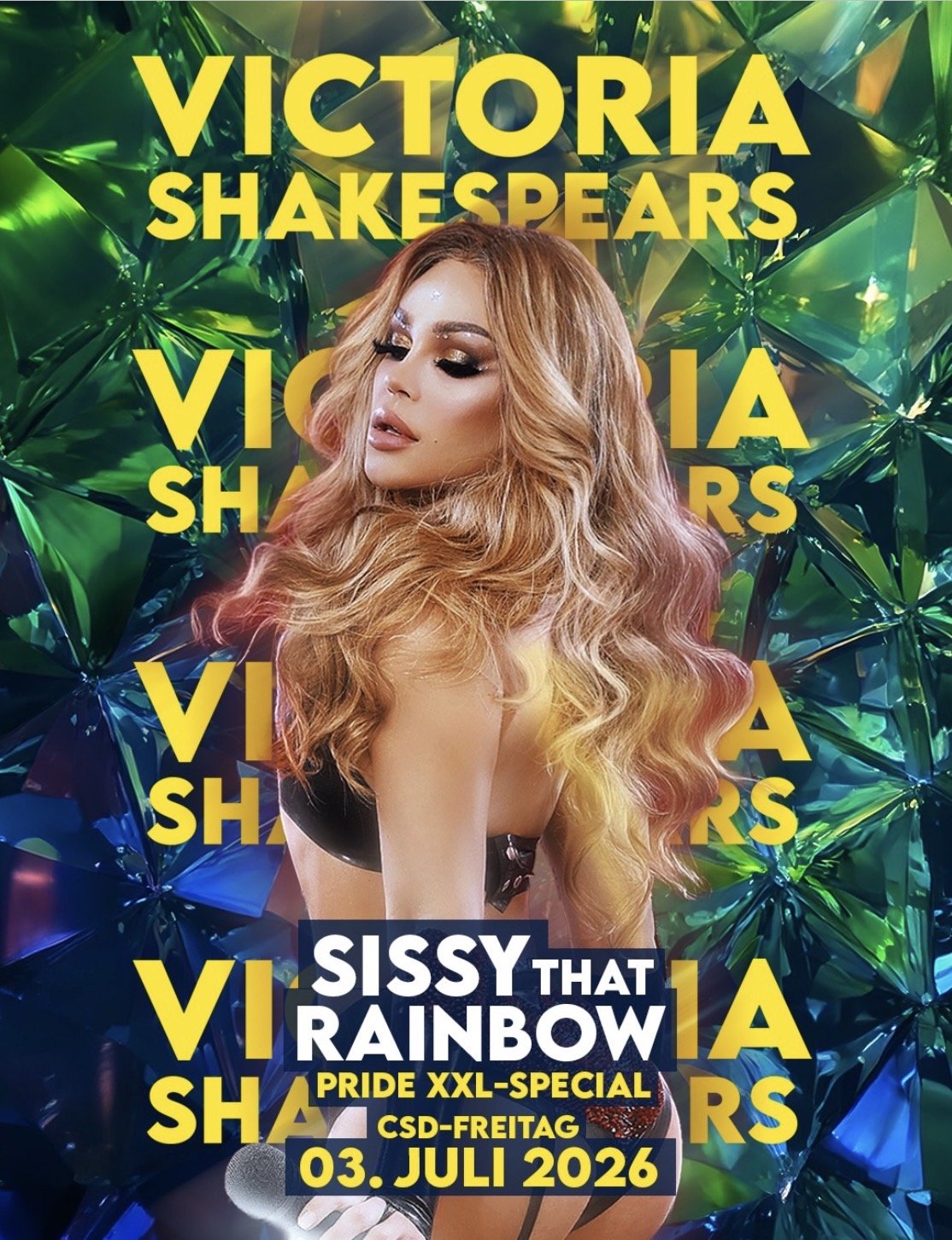 Event poster for an LGBTQ+ pride party titled 'Sissy That Rainbow'. The background has colorful, shiny, iridescent, geometric shapes. The event is scheduled for July 3, 2026, in Cologne, Germany, at Hornstrasse 85. Entry begins at 11:00 PM. Tickets available at studio-rainbow.de/csd.