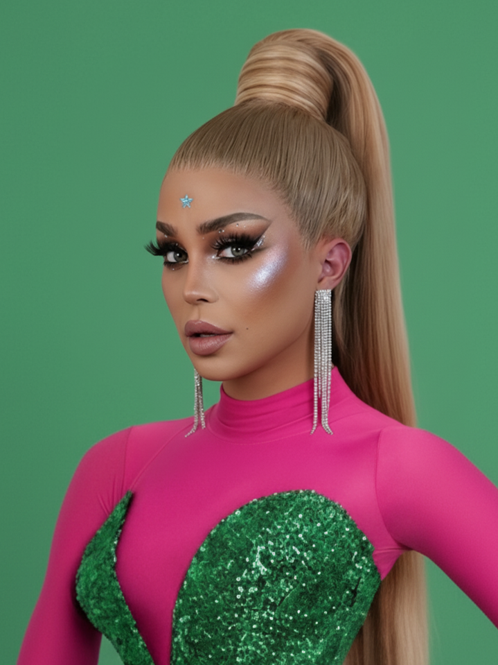 A woman with long blonde hair styled in a high ponytail, wearing a hot pink and green glittery outfit. She has dramatic makeup with shimmery eyeshadow and contour, large dangling rhinestone earrings, and a small star-shaped sticker on her forehead. The background is solid green.