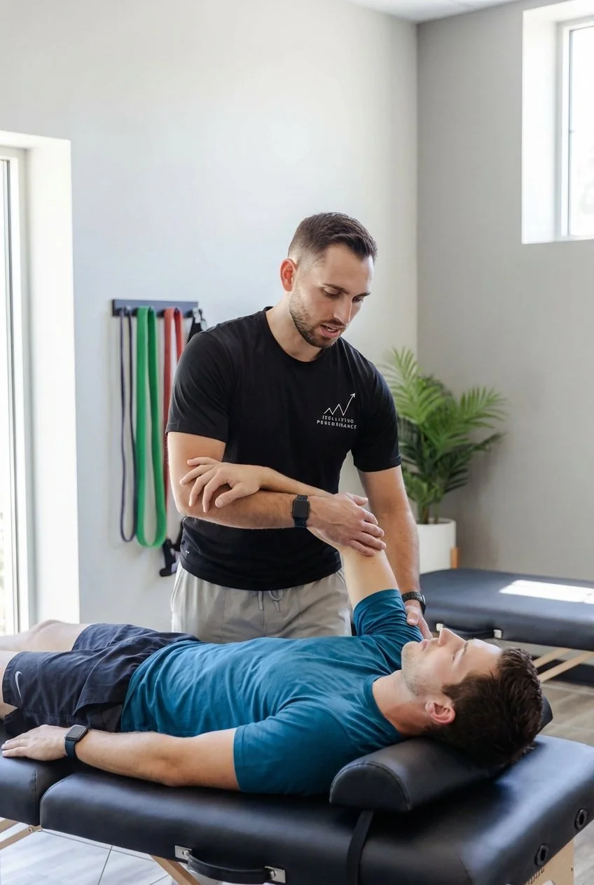 Patient working with a provider at a performance physical therapy clinic in Greenville, SC during a manual therapy assessment