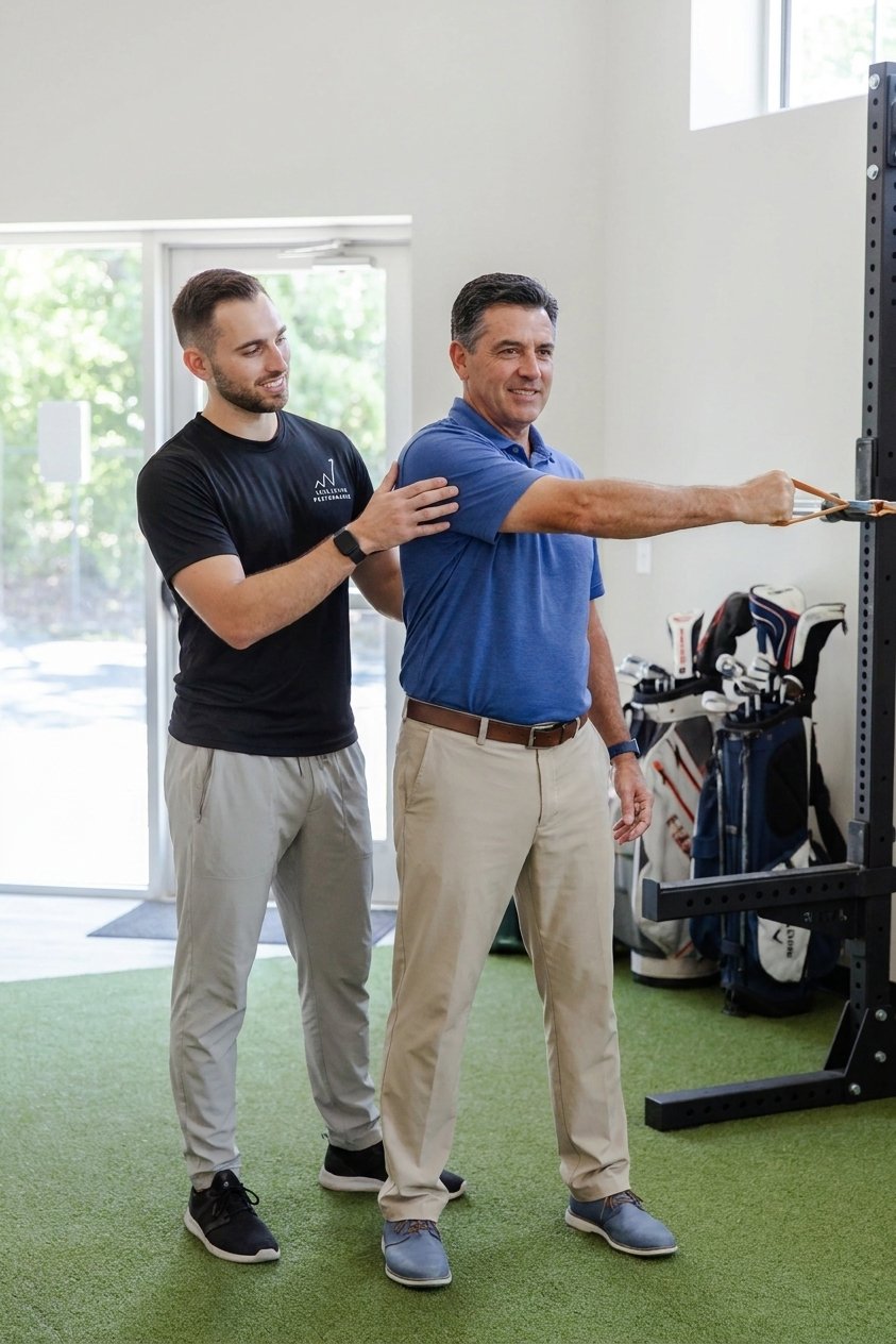 Patient working with a provider at a sports physical therapy clinic in Greenville, SC focusing on shoulder mobility for golf performance
