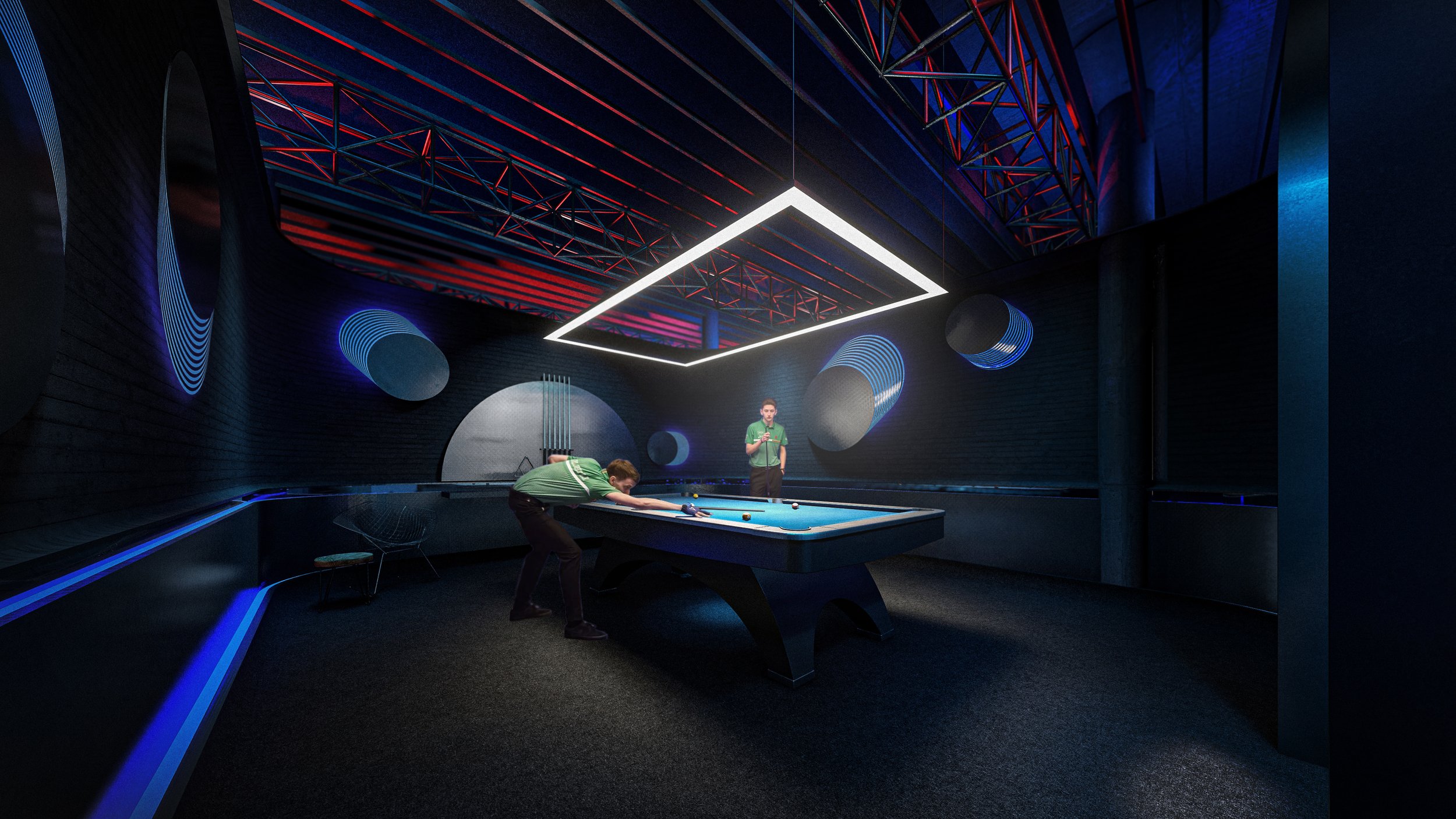 A modern, neon-lit billiards room with two men playing pool and one man observing, featuring black walls, geometric wall decorations, and a suspended rectangular light fixture.