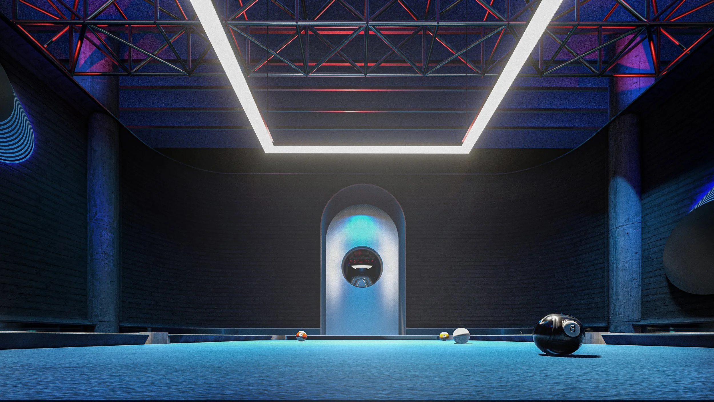 Interior of a modern pool hall with billiard balls on a blue felt table, illuminated by geometric lighting fixtures, with a sleek, futuristic design.