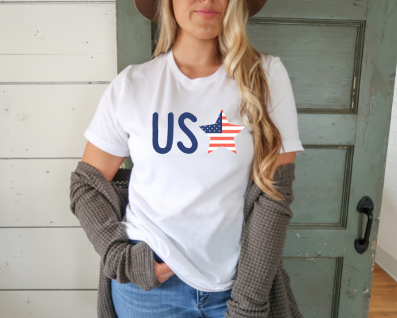 Star Navy White Tee Shirt Female Model.png