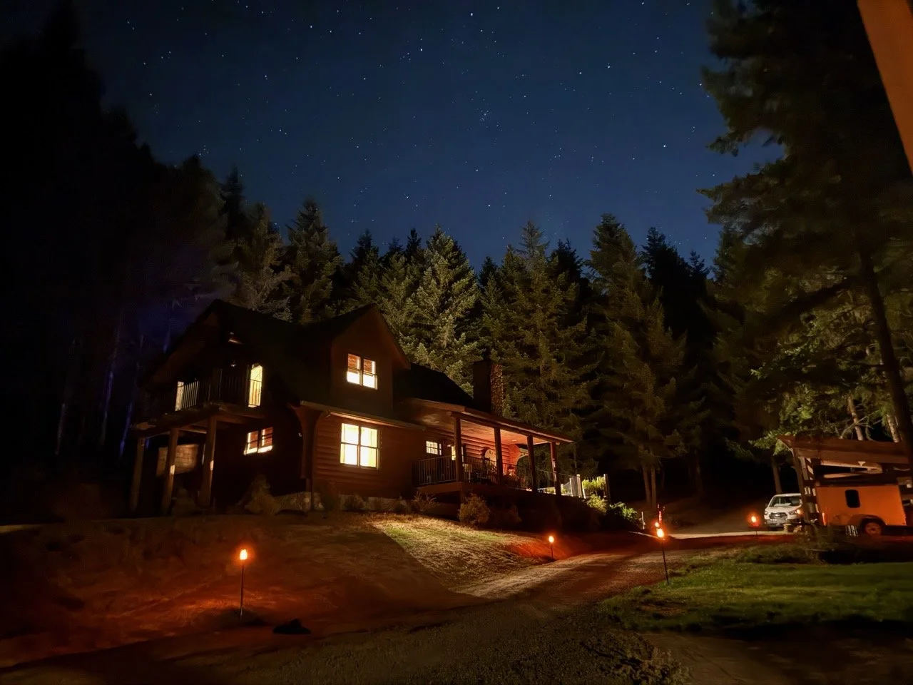 The main house at night