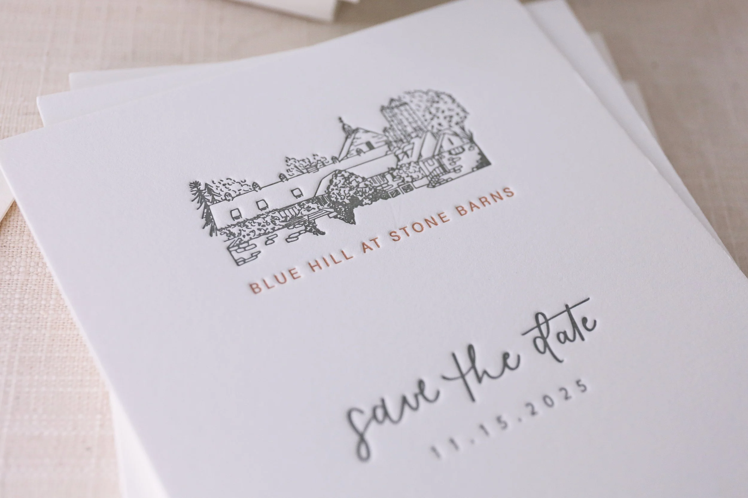 Casual refined save-the-date with venue illustration