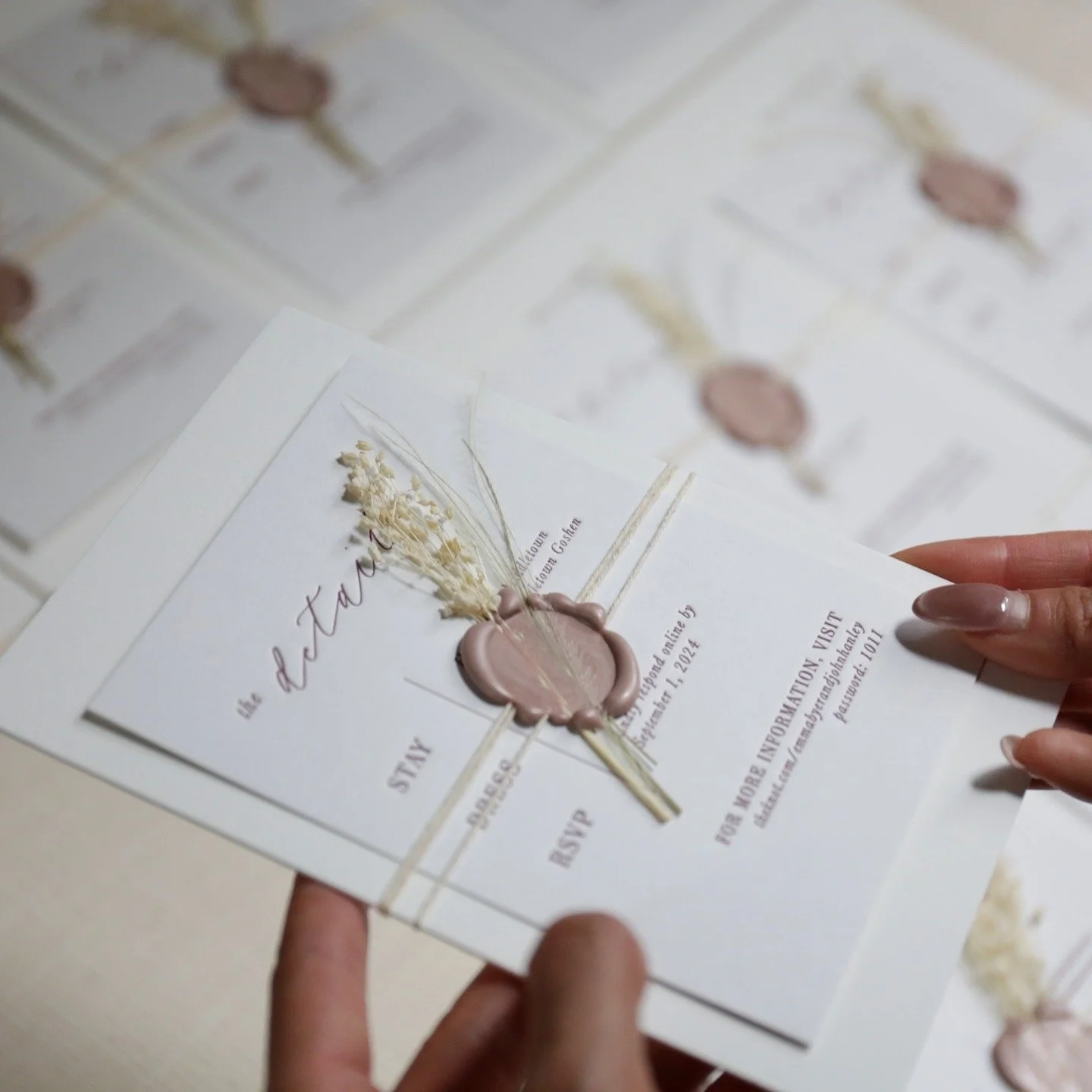 Modern minimal wedding invitations with wax seal and letterpress